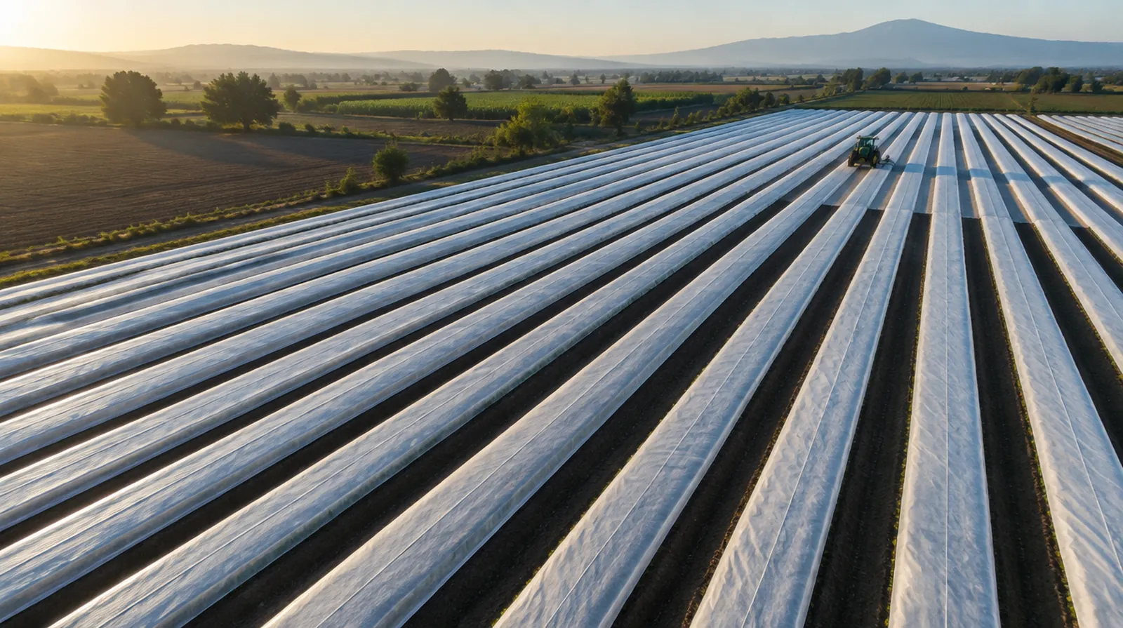 Cultivos cubiertos con tela agr&iacute;cola, vista a&eacute;rea