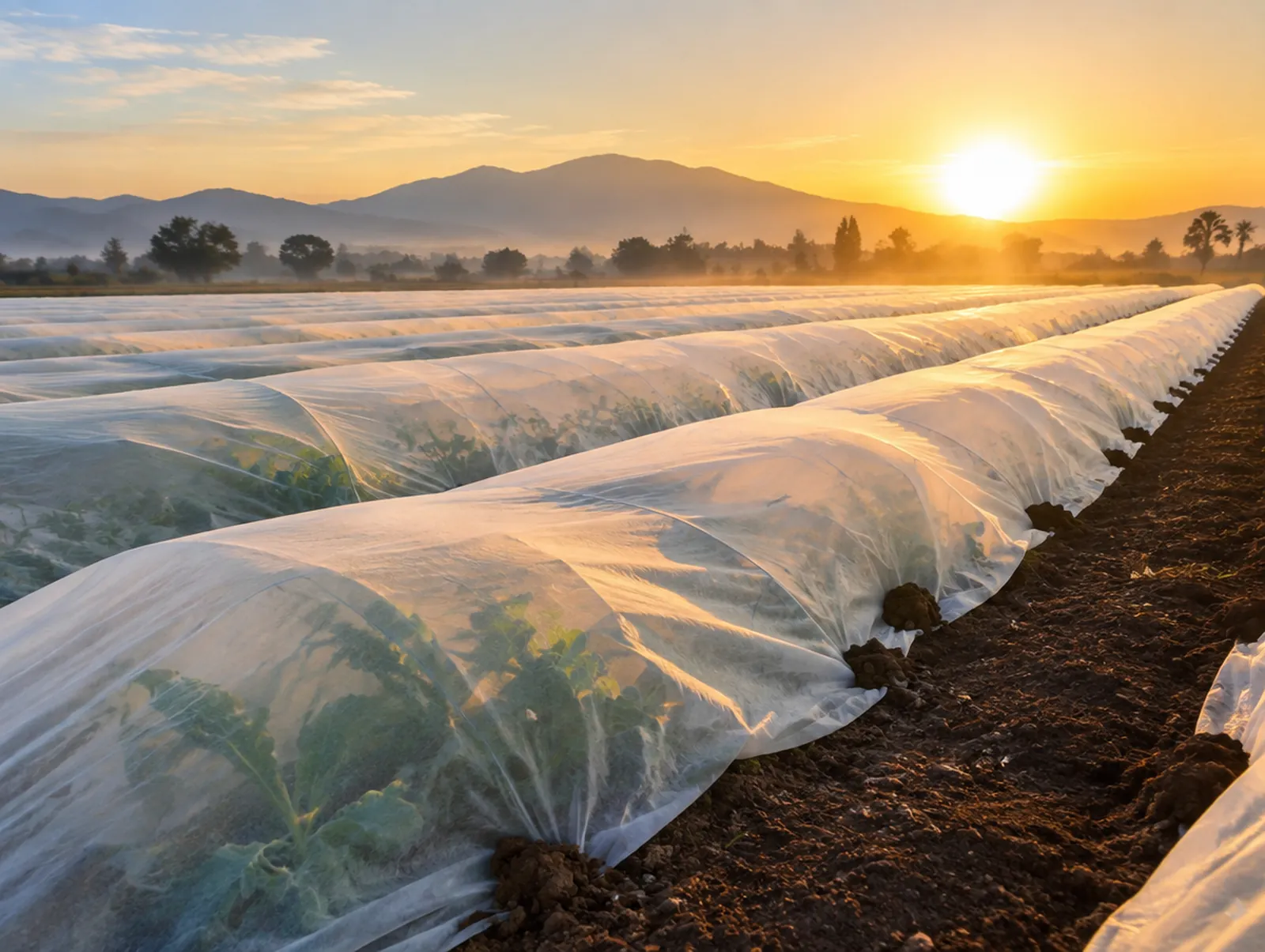 Cubierta flotante sobre cultivos al amanecer